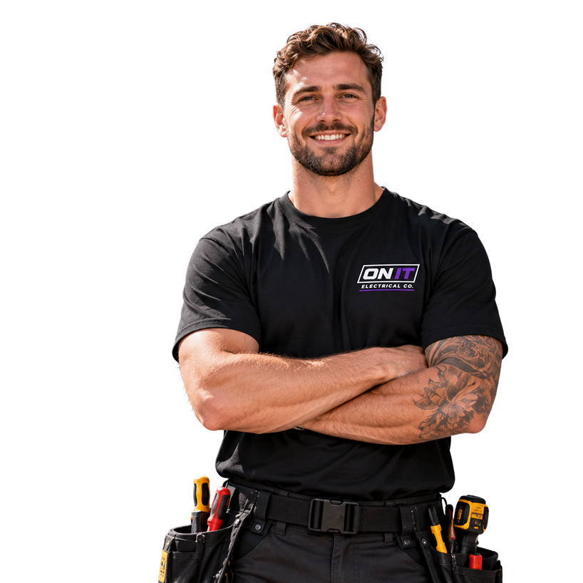 Smiling ON IT Electrical electrician with arms crossed, wearing a tool belt
